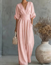 V-Neck Batwing Sleeve Ruched Waist Wide Leg Jumpsuit