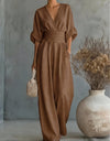 V-Neck Batwing Sleeve Ruched Waist Wide Leg Jumpsuit