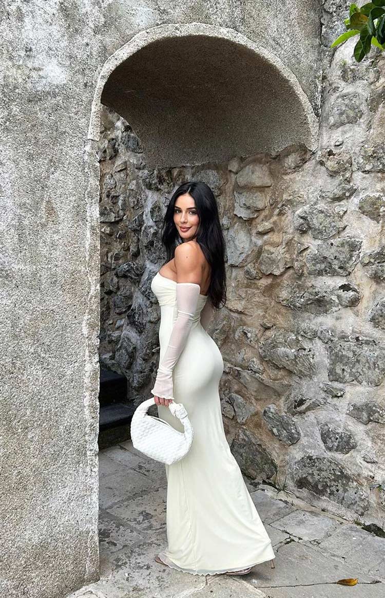 Mesh Off Shoulder Long Sleeve Ruched Bust Column Maxi Dress 11