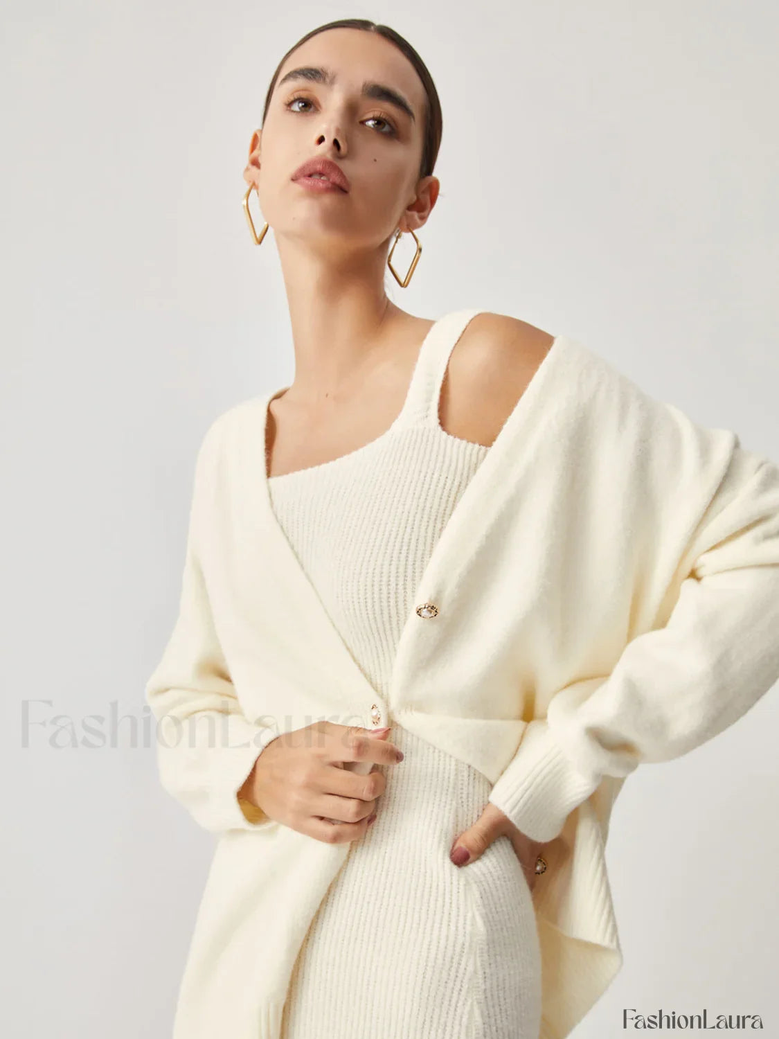 Cream Short Sweater Trendy Dress With Matching Cardigan