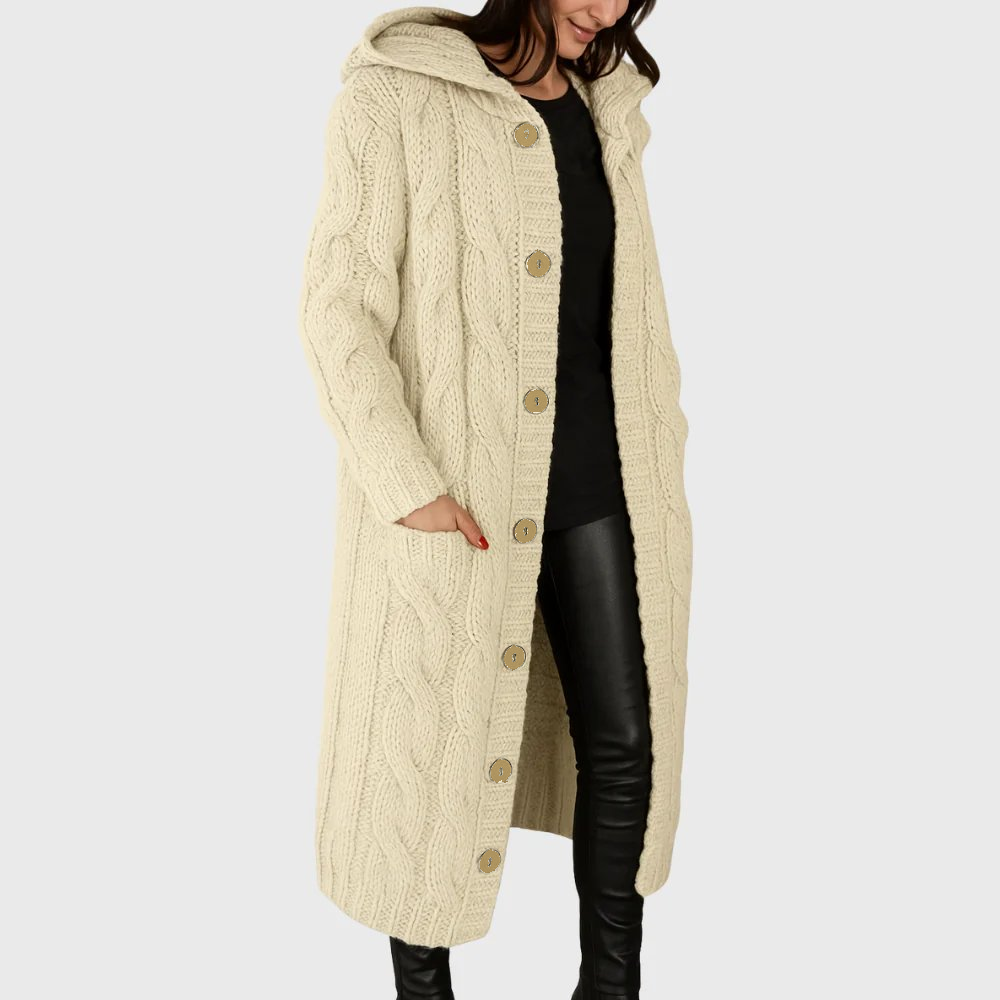 Cable Knit Hooded Button Front Longline Cardigan Coat