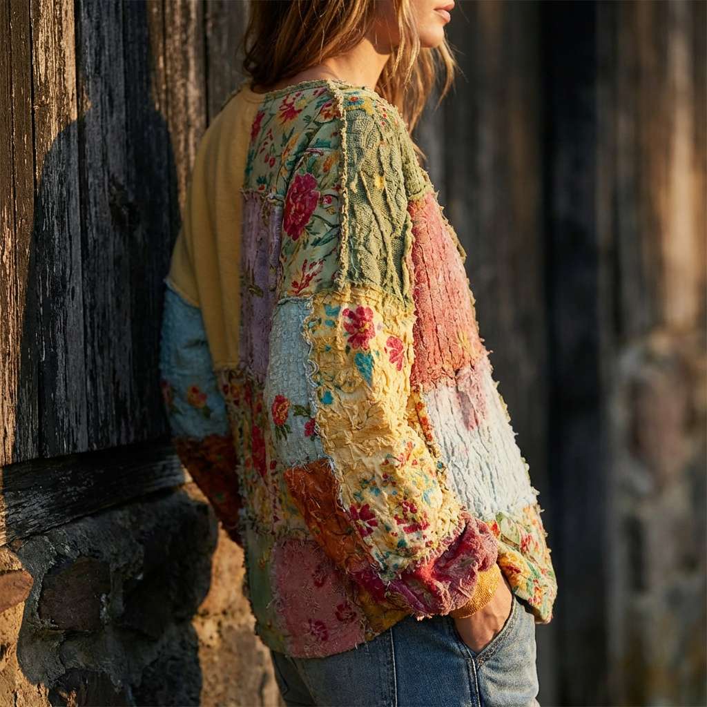Patchwork Floral V-Neck Long Sleeve Top