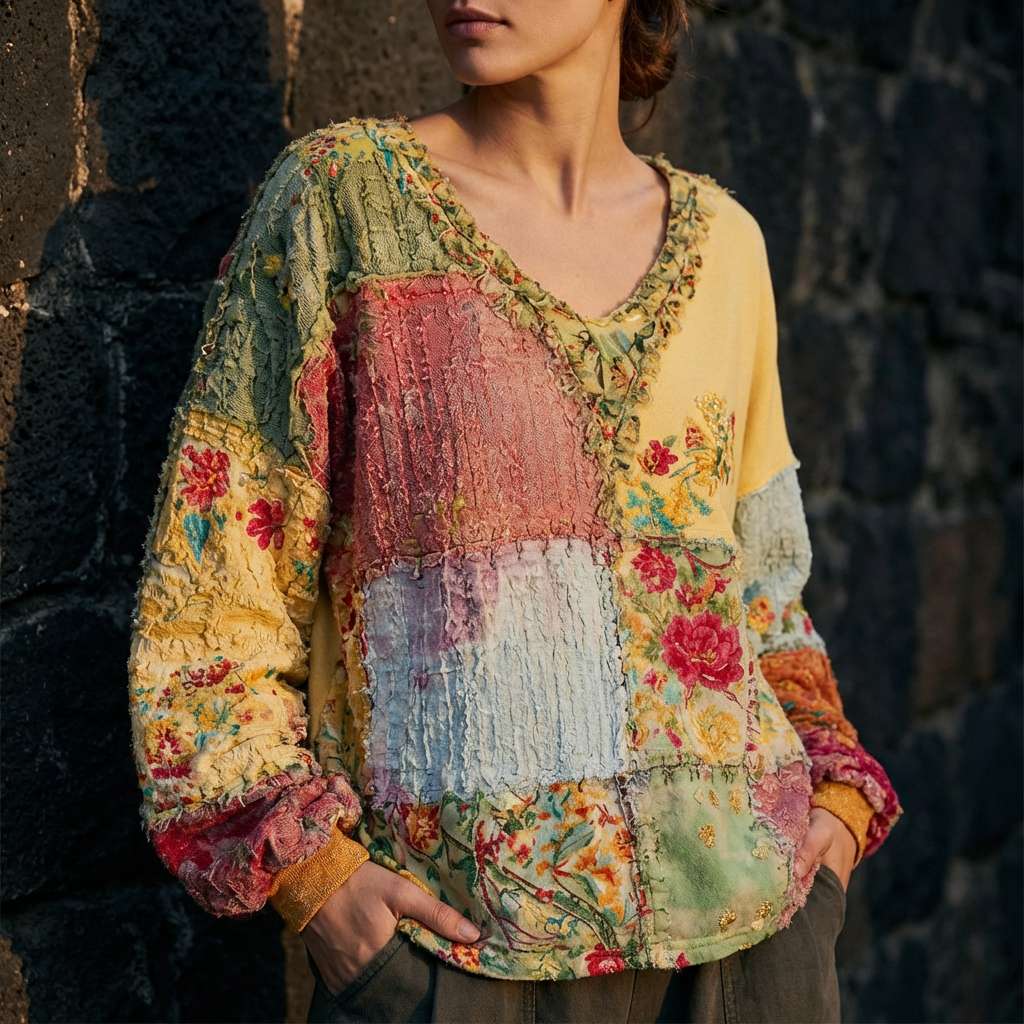 Patchwork Floral V-Neck Long Sleeve Top