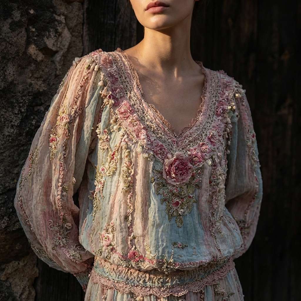 Patchwork Floral V-Neck Long Sleeve Top