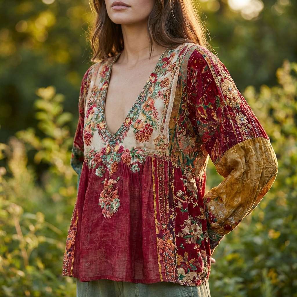 Patchwork Floral V-Neck Long Sleeve Top