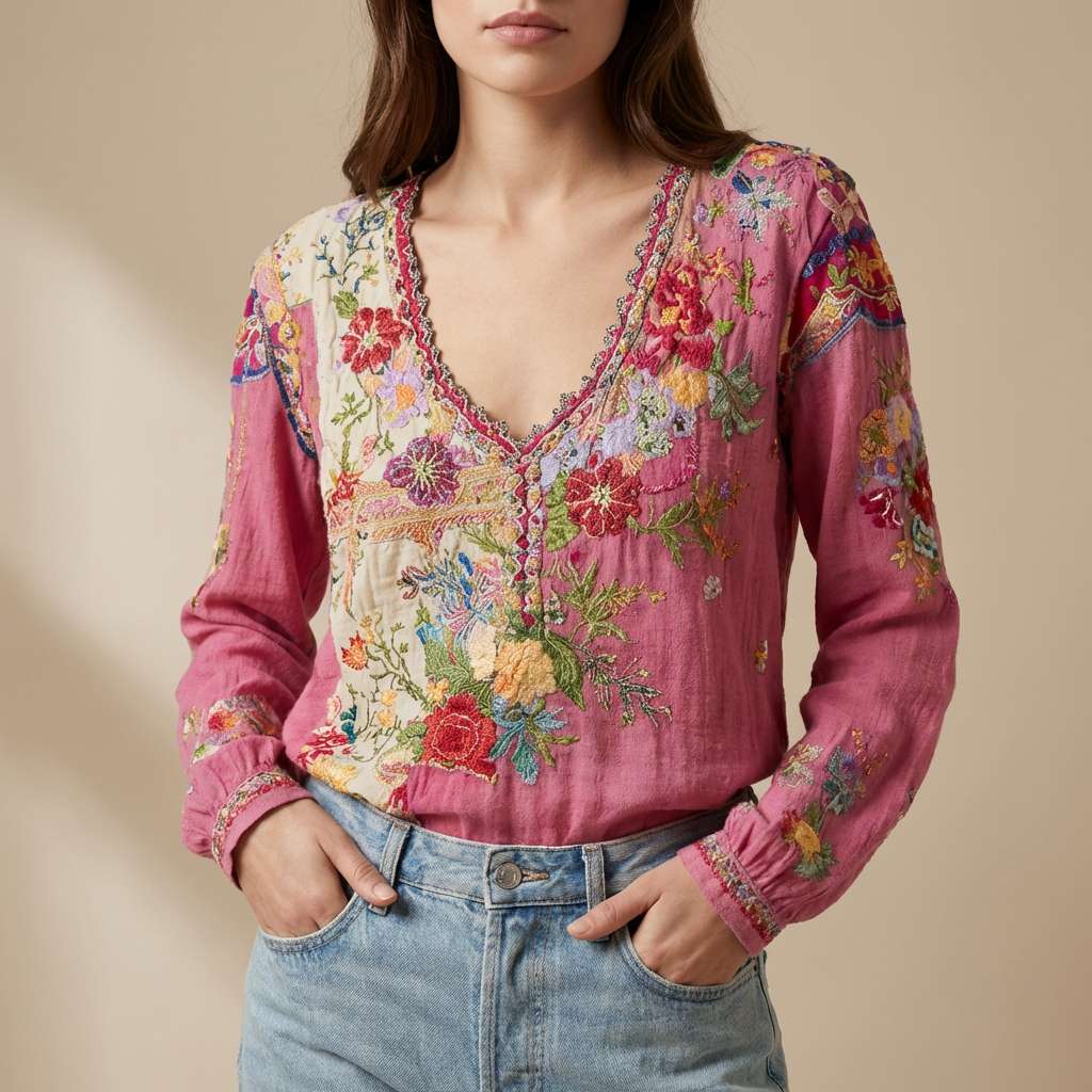 Floral Patchwork V-Neck Sweater 3