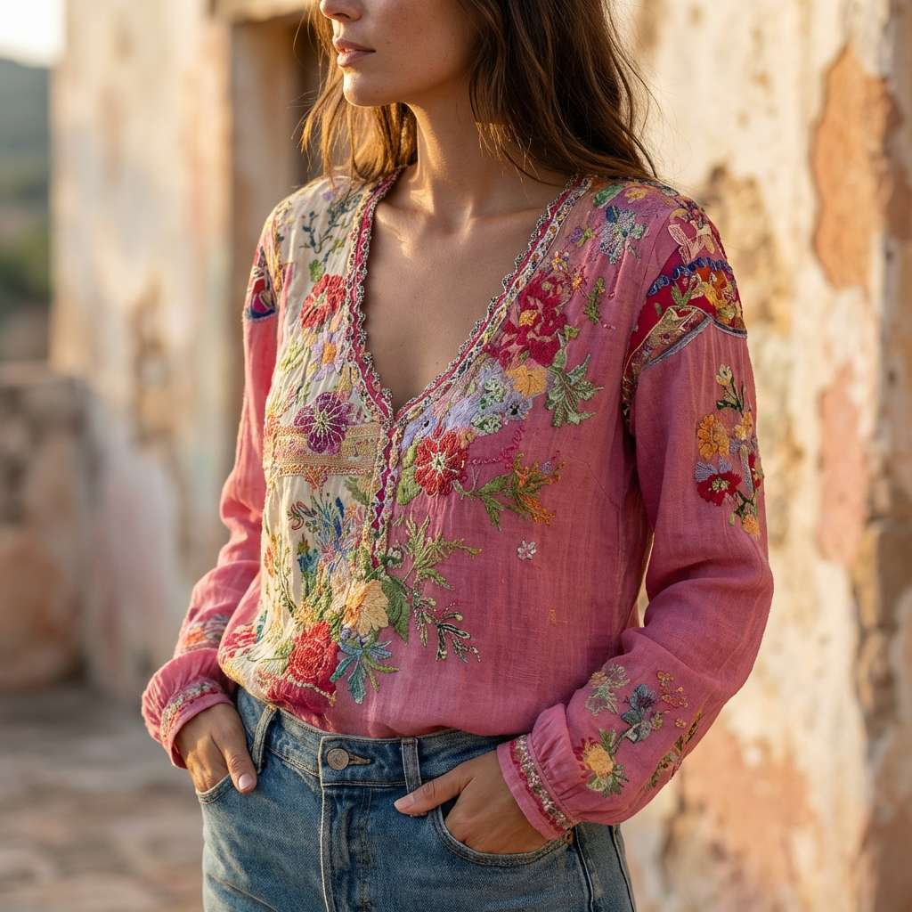 Patchwork Floral V-Neck Long Sleeve Top