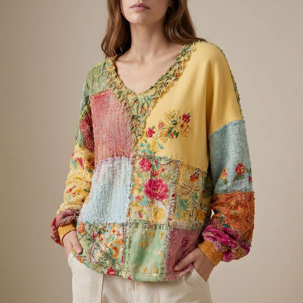 Floral Patchwork V-Neck Sweater