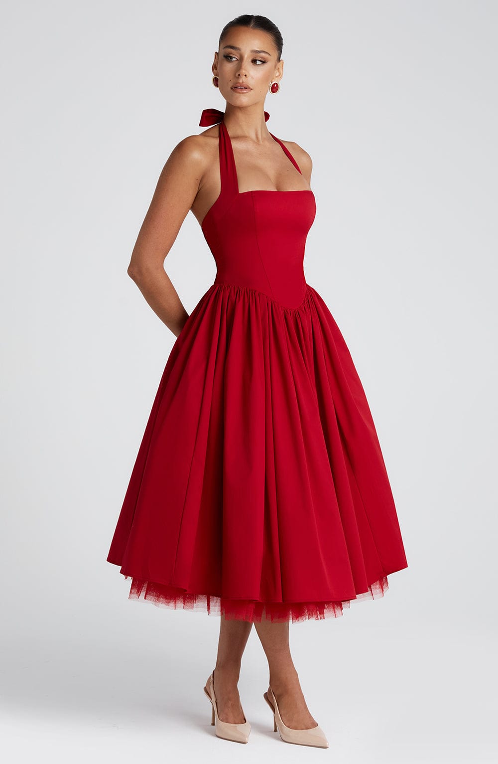 Halter Neck Bow Back Corset Bodice Tulle Petticoat Swing Midi Dress 5