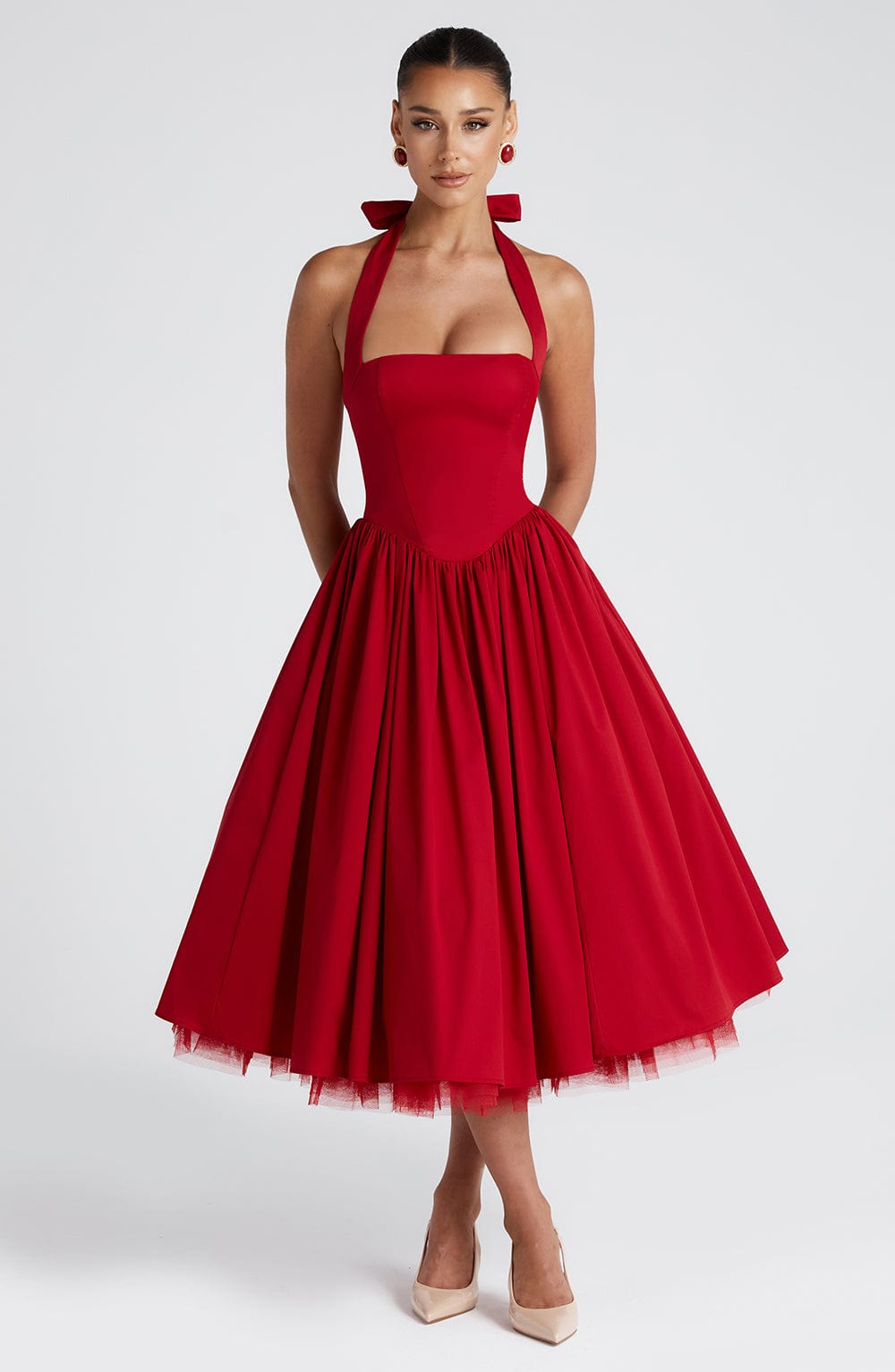 Halter Neck Bow Back Corset Bodice Tulle Petticoat Swing Midi Dress 7