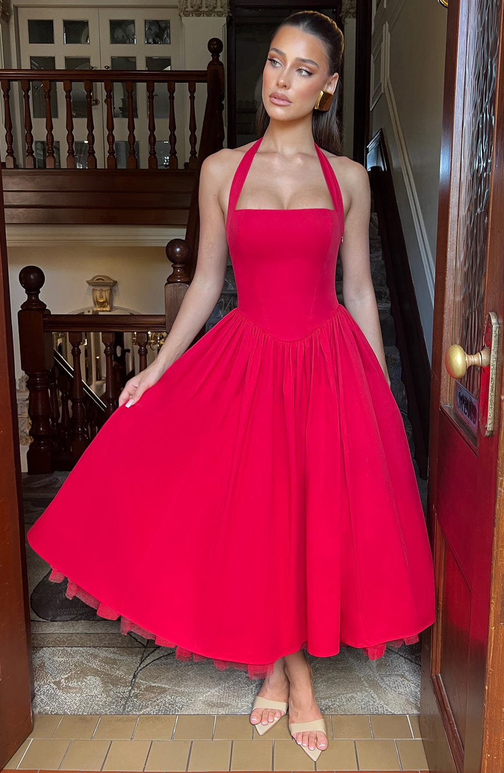 Halter Neck Bow Back Corset Bodice Tulle Petticoat Swing Midi Dress 6