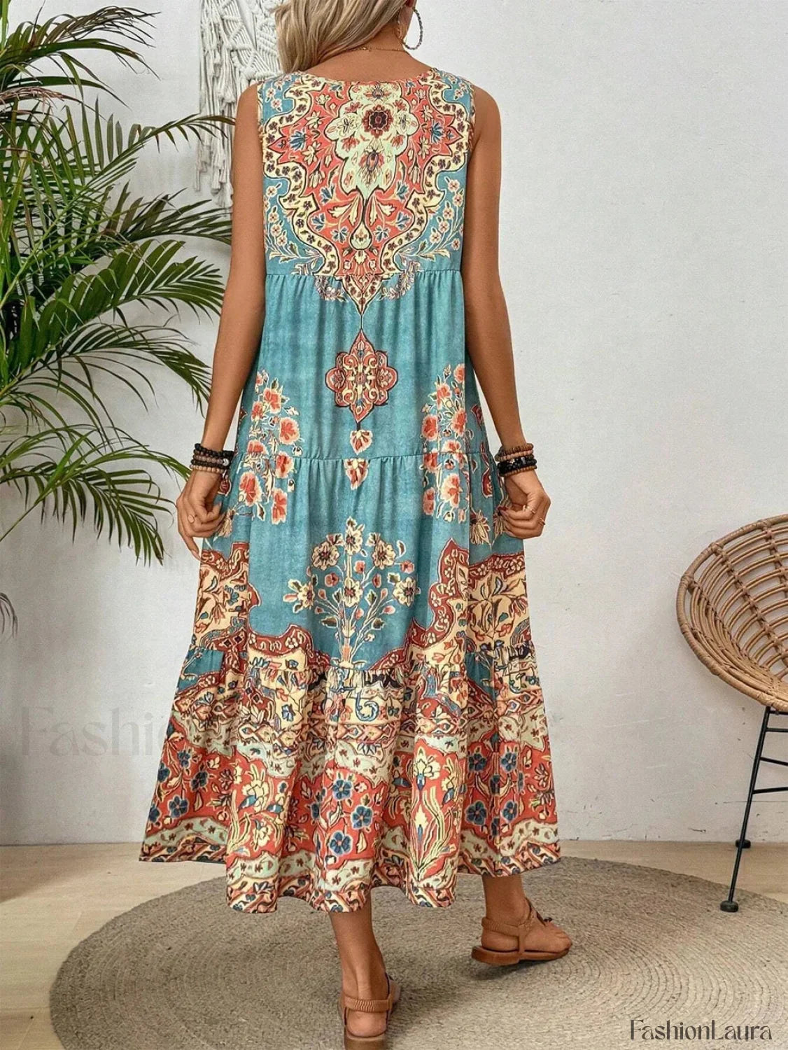 Crew-Neck Print Boho Dress