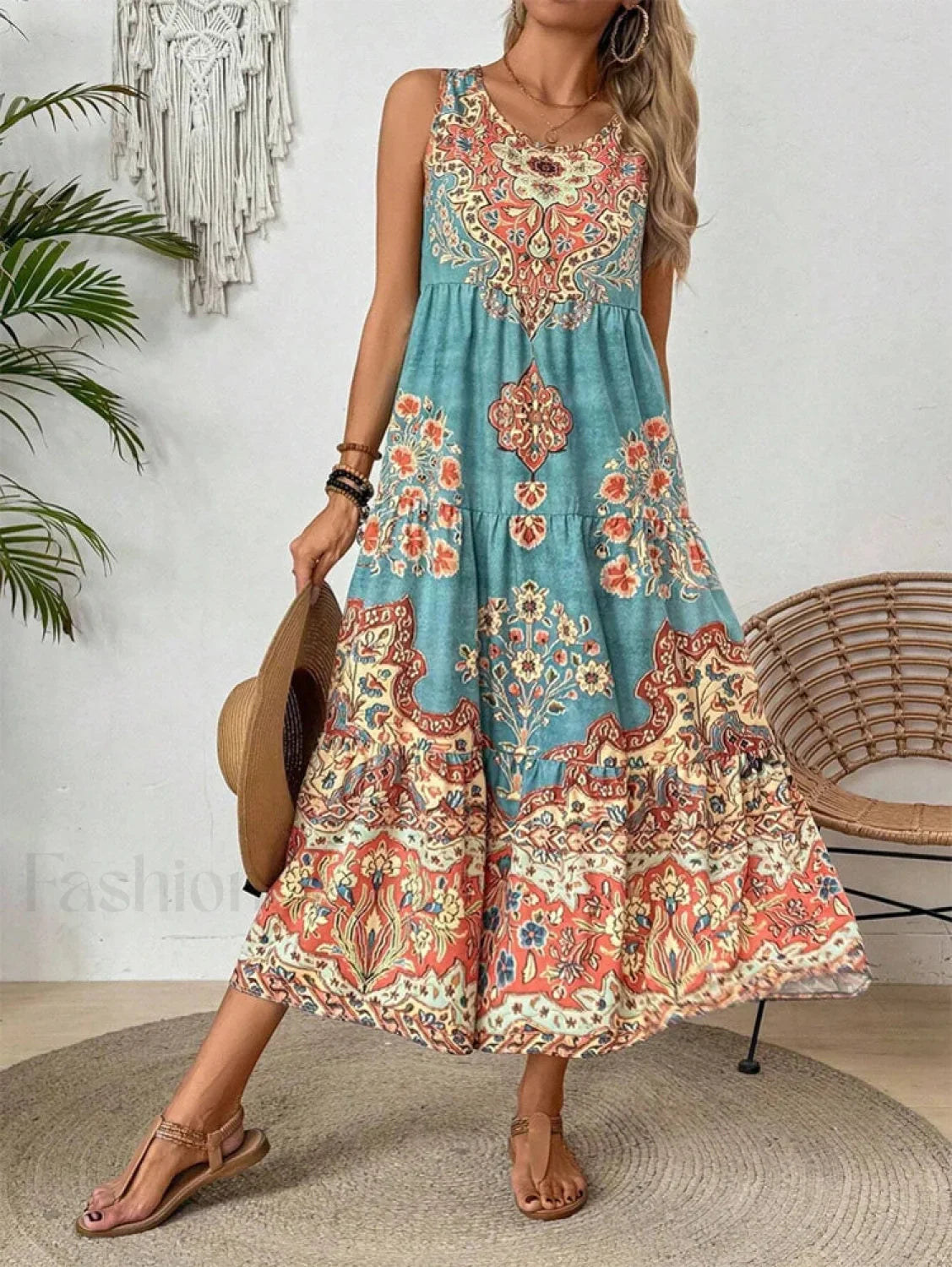Crew-Neck Print Boho Dress