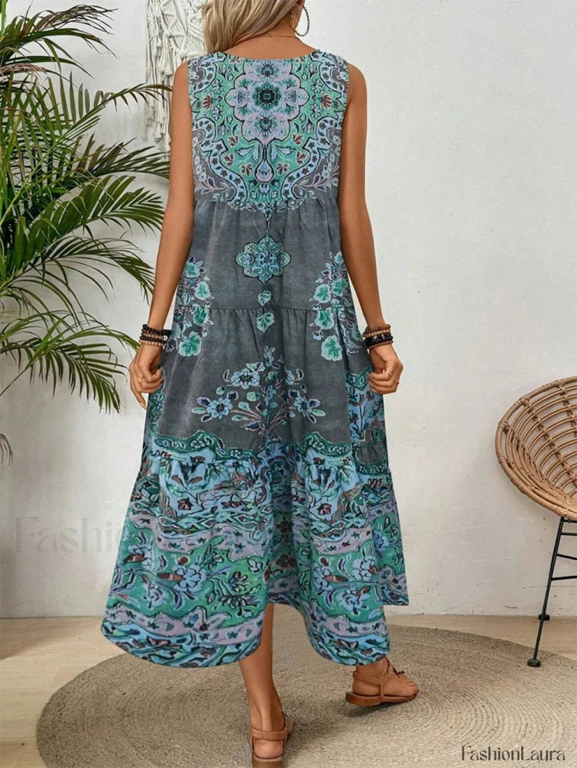 Crew-Neck Print Boho Dress