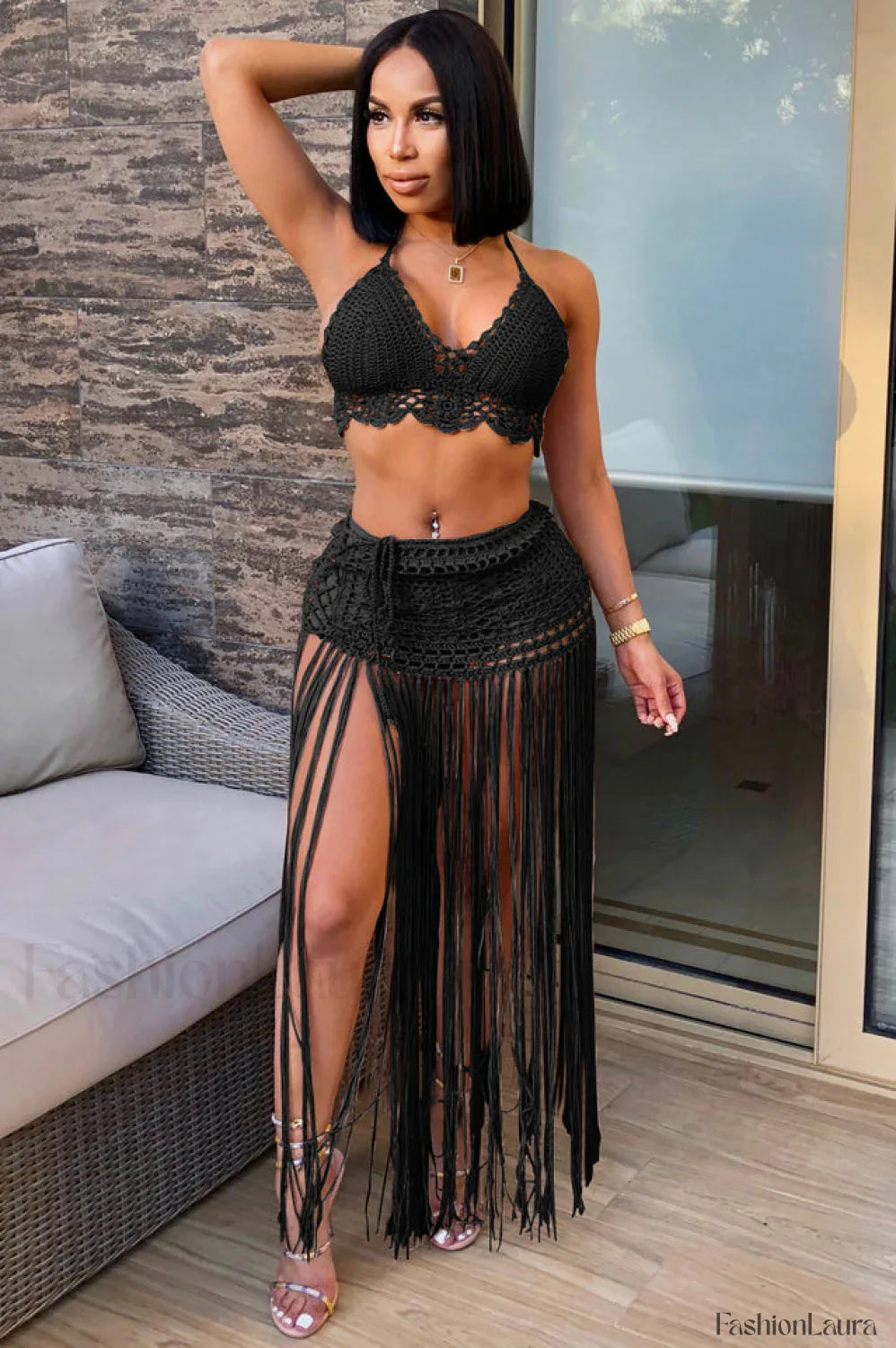 Crochet Bralette + Charming Tassel Maxi Skirt Set