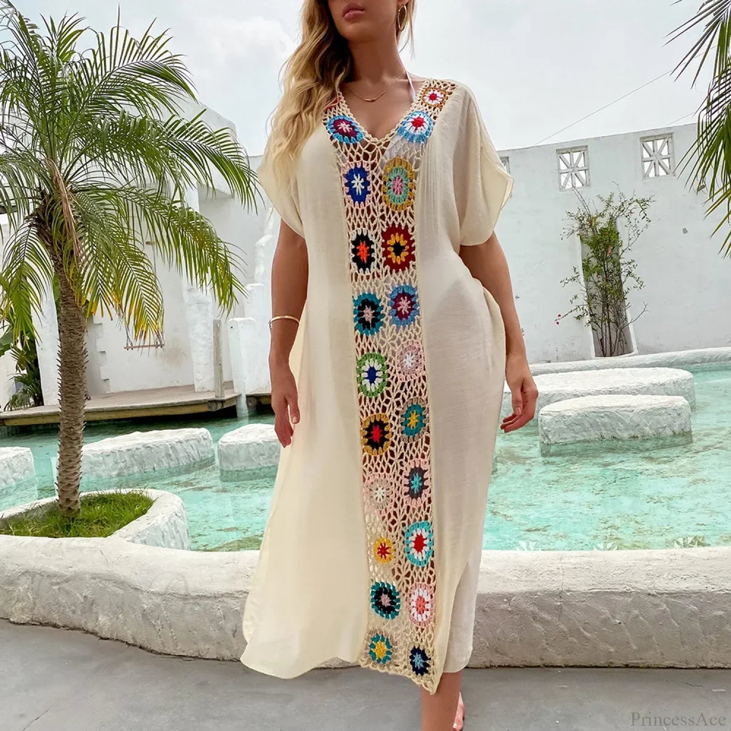 Crochet Women Beach Dress Cover Up White / one size