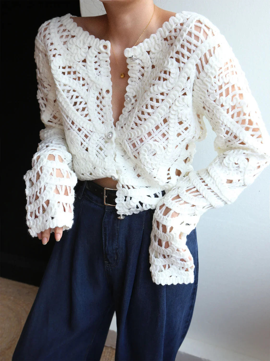 Crocheted Hollow Graceful Beaded Button Cardigan White / S Sweaters L