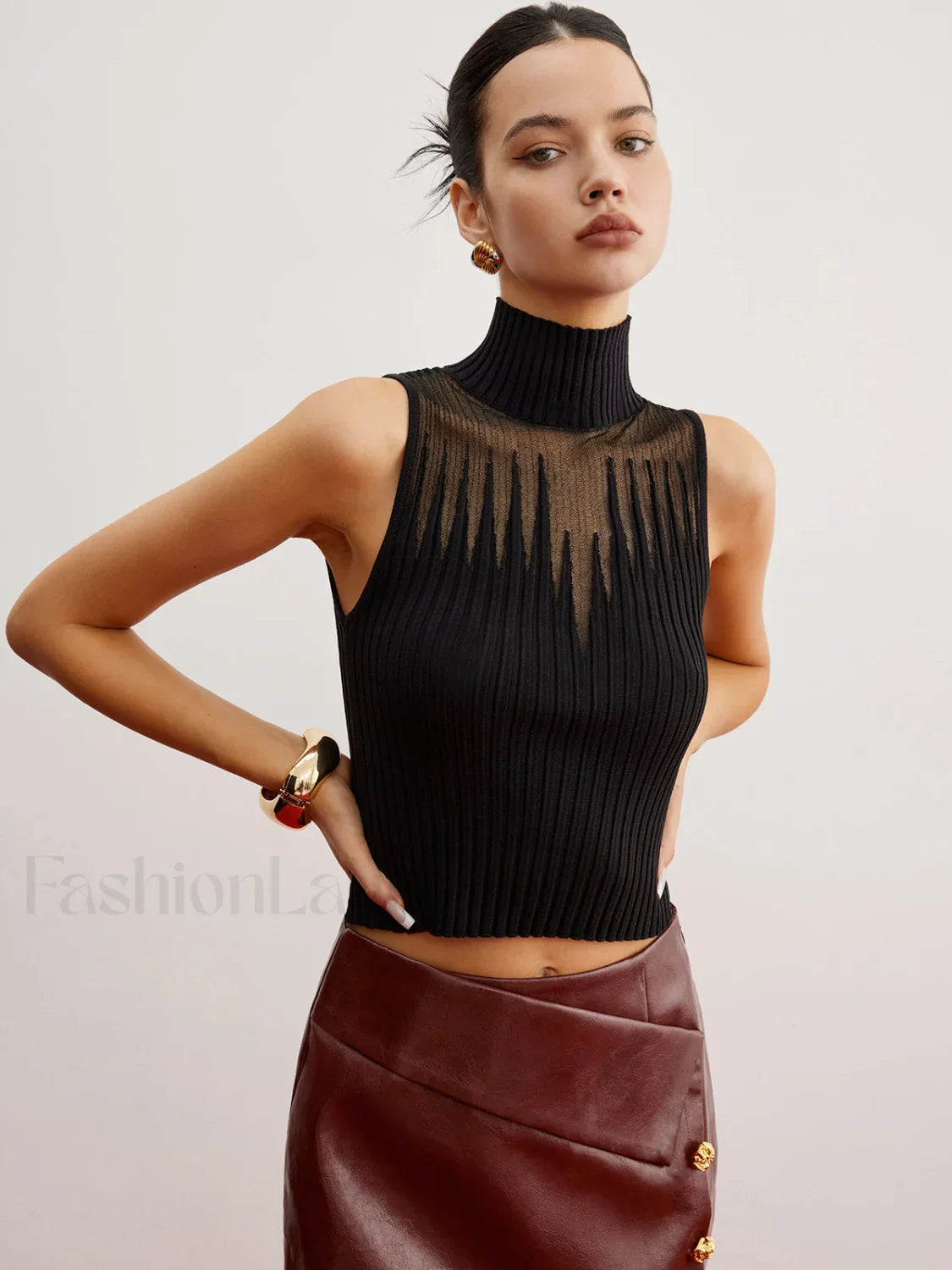 Crop Sheer Panel Sweater Vest Black / XS Sweater Vests