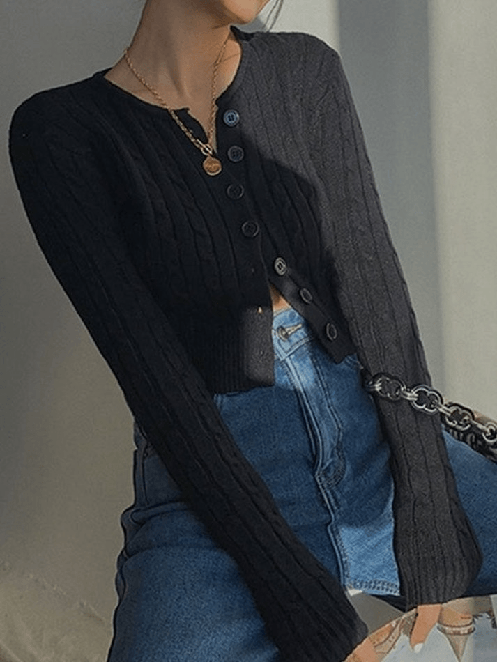 Crew Neck Long Sleeve Button Front Cable Knit Cropped Cardigan