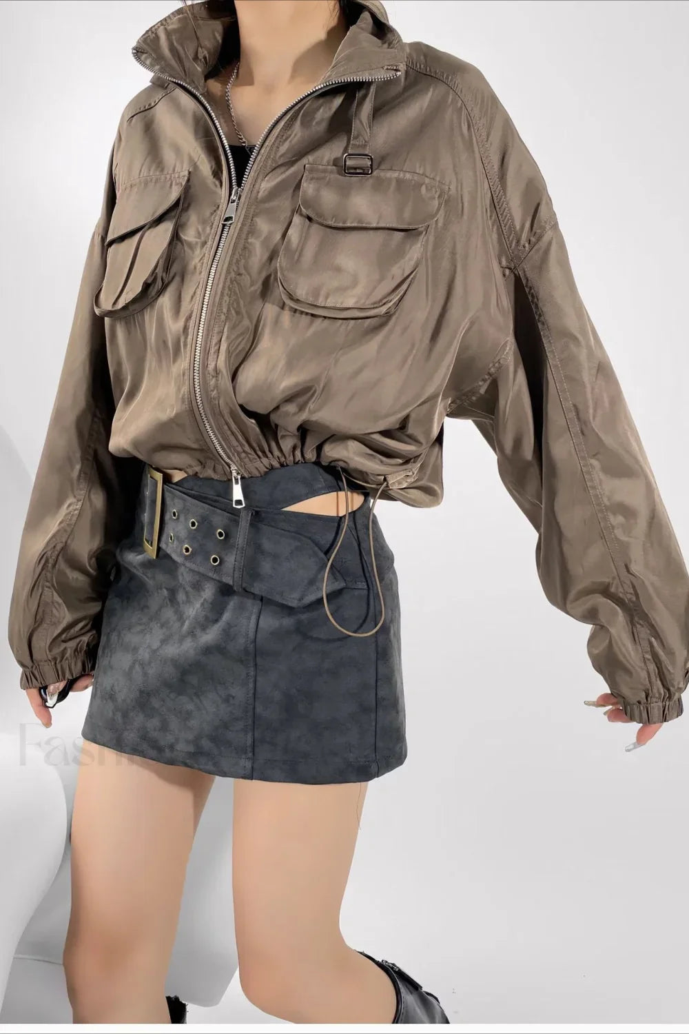 Cropped Cargo High Neck Coat
