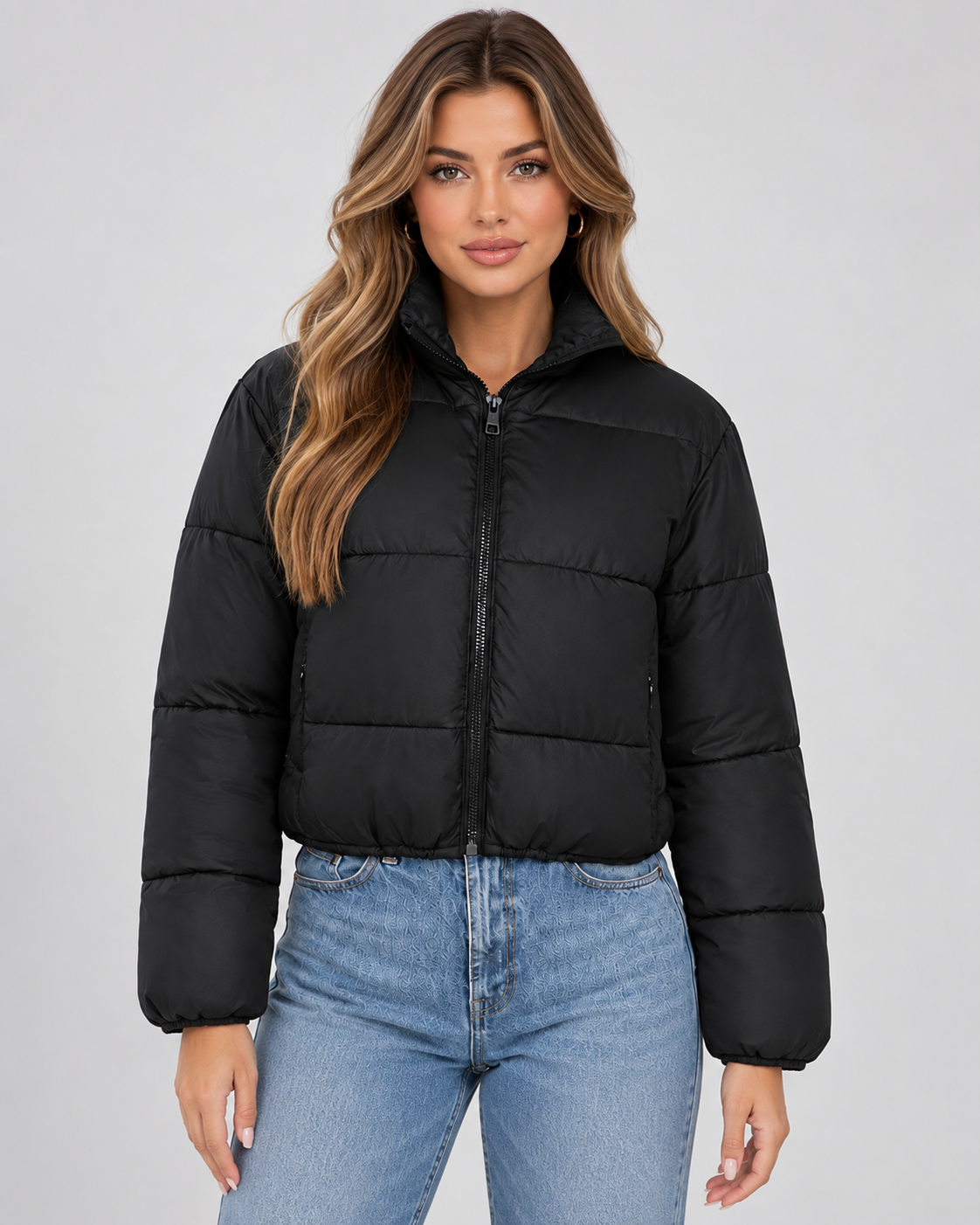 Cropped Quilted Puffer Jacket - High Collar Zip Front