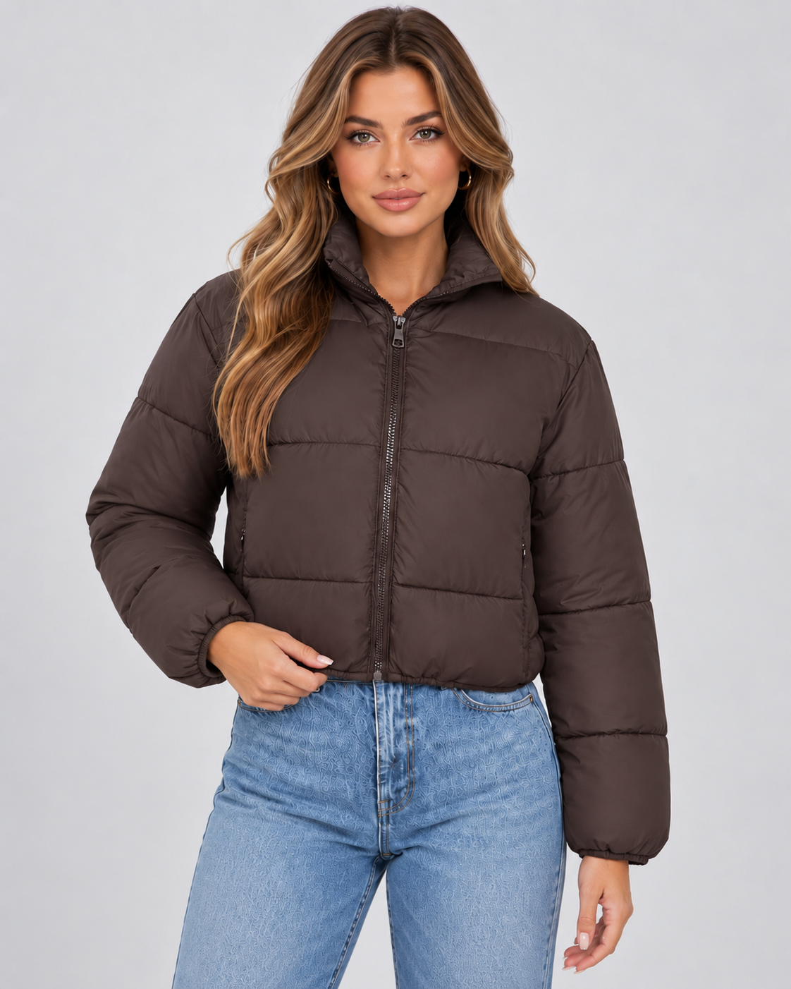 Cropped Quilted Puffer Jacket - High Collar Zip Front