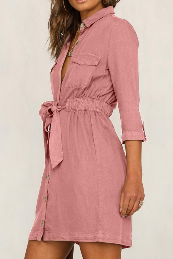 Cropped Sleeve Single-breasted Pocket Dress