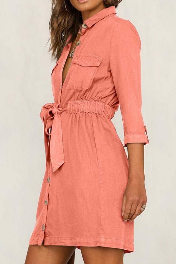 Cropped Sleeve Single-breasted Pocket Dress