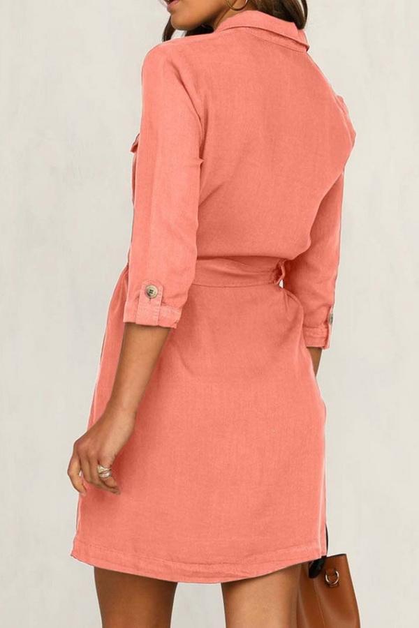 Cropped Sleeve Single-breasted Pocket Dress