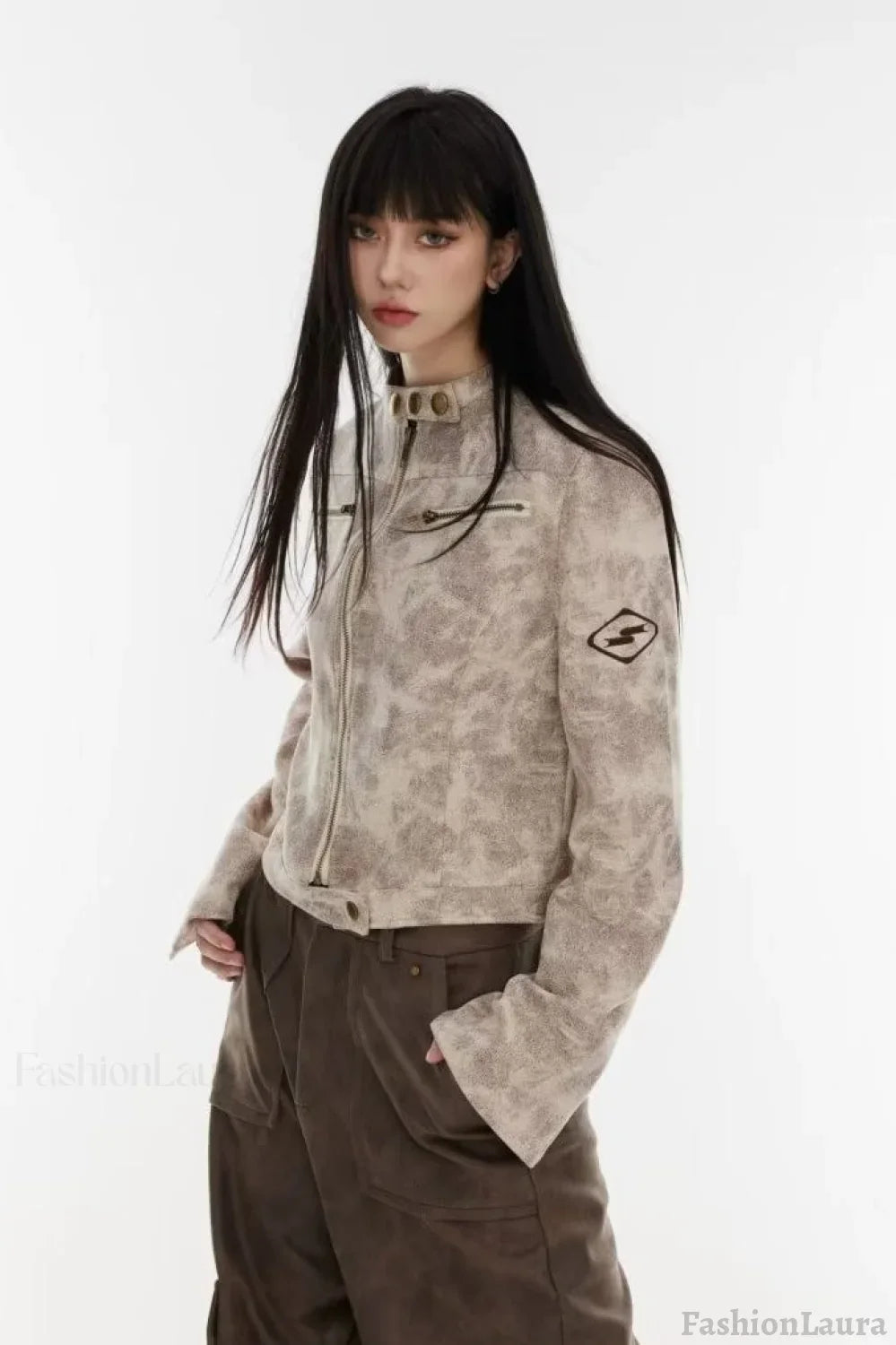 Cropped Tie-Dye Stand Collar Jacket