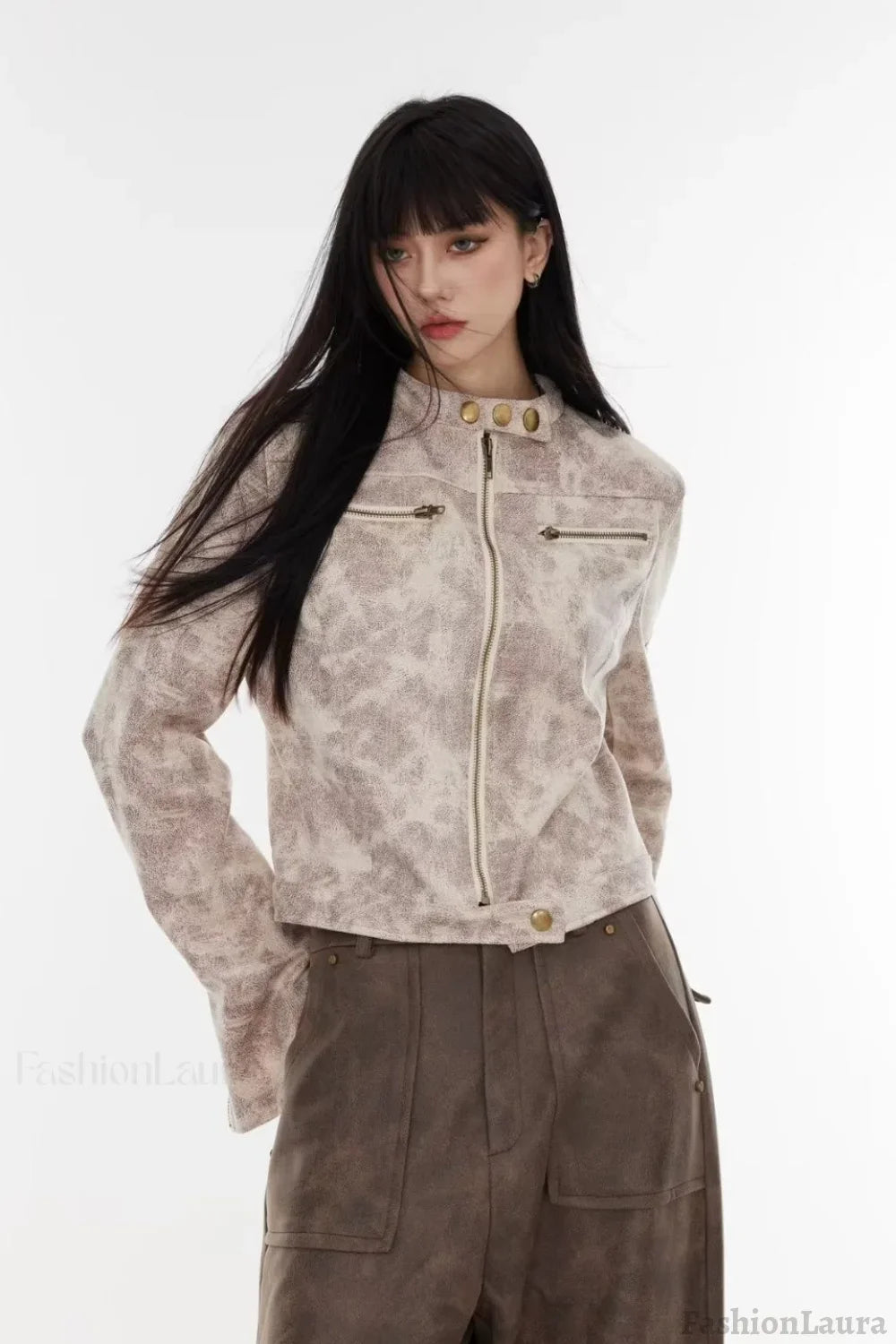 Cropped Tie-Dye Stand Collar Jacket