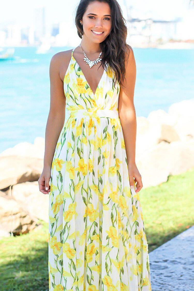 Cross Back Boho Printed Maxi Beach Dress
