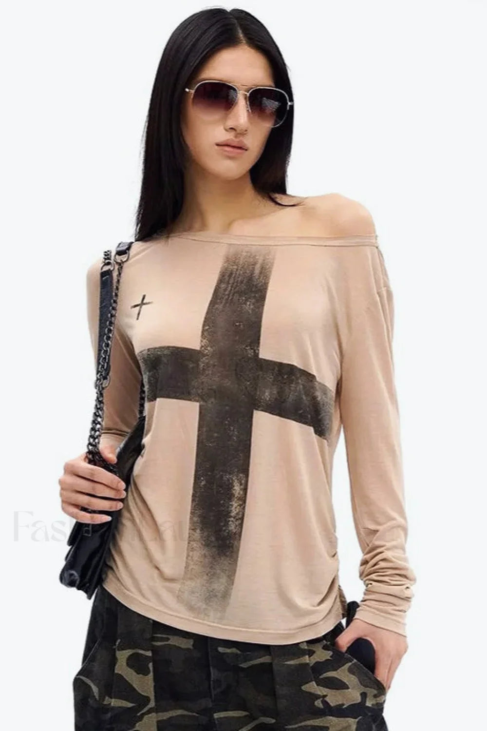 Cross Print Asymmetrical T-Shirt