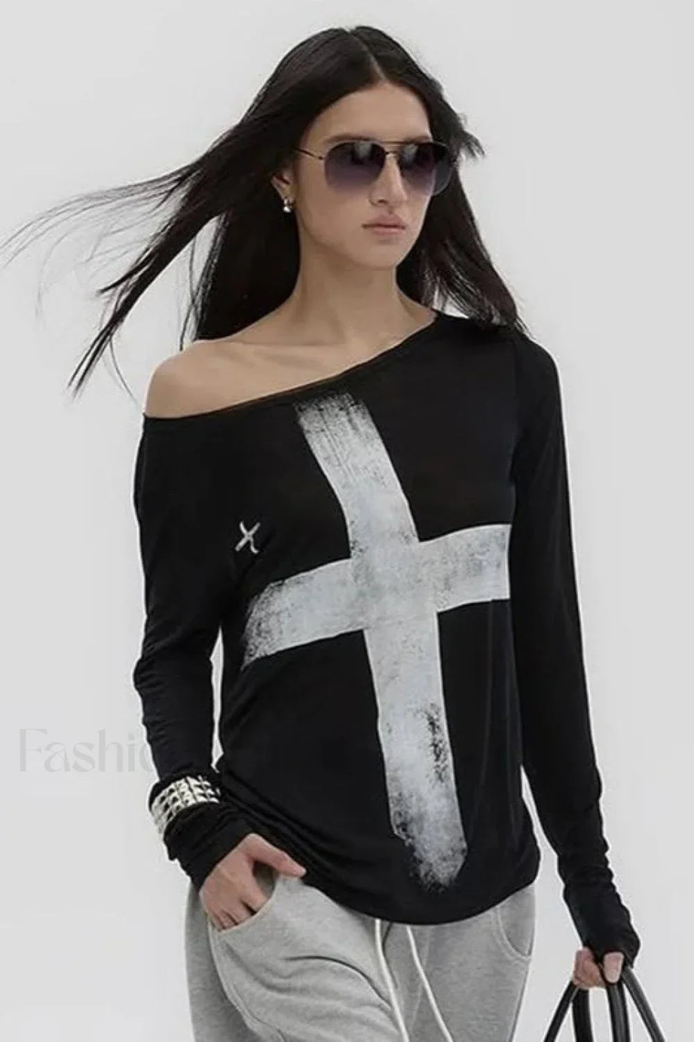 Cross Print Asymmetrical T-Shirt Black / S