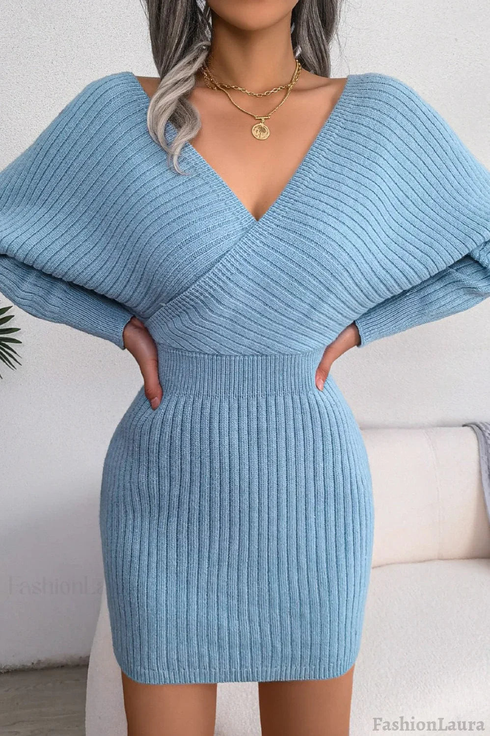 Cross V-Neck Batwing Fitted Sweater Dress