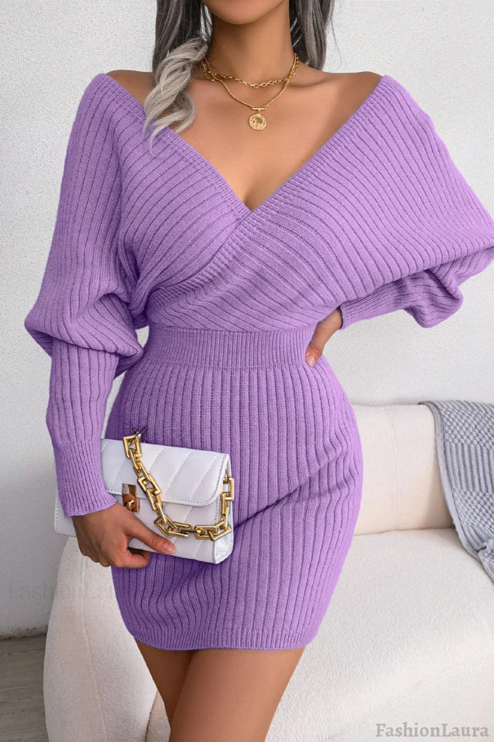 Cross V-Neck Batwing Fitted Sweater Dress S / Purple