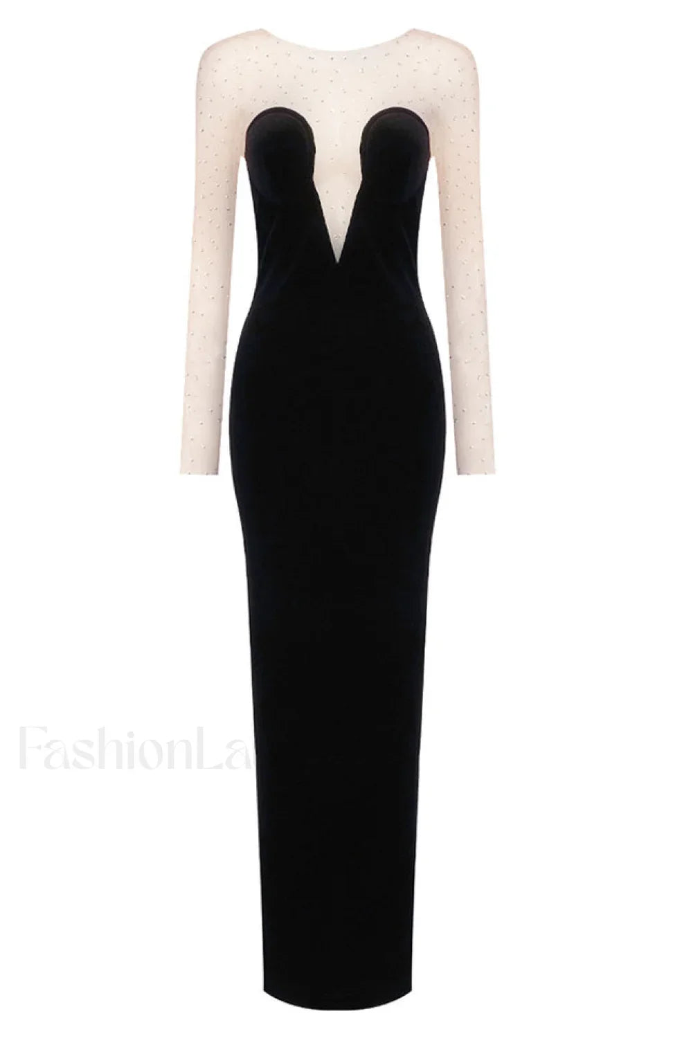 Crystal Mesh Long Charming Sleeve Velvet Dress