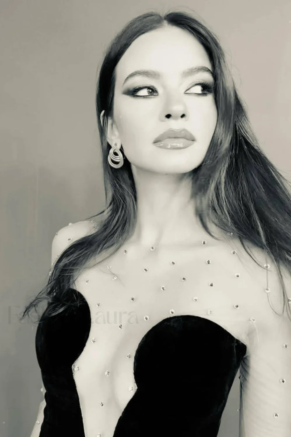 Crystal Mesh Long Charming Sleeve Velvet Dress