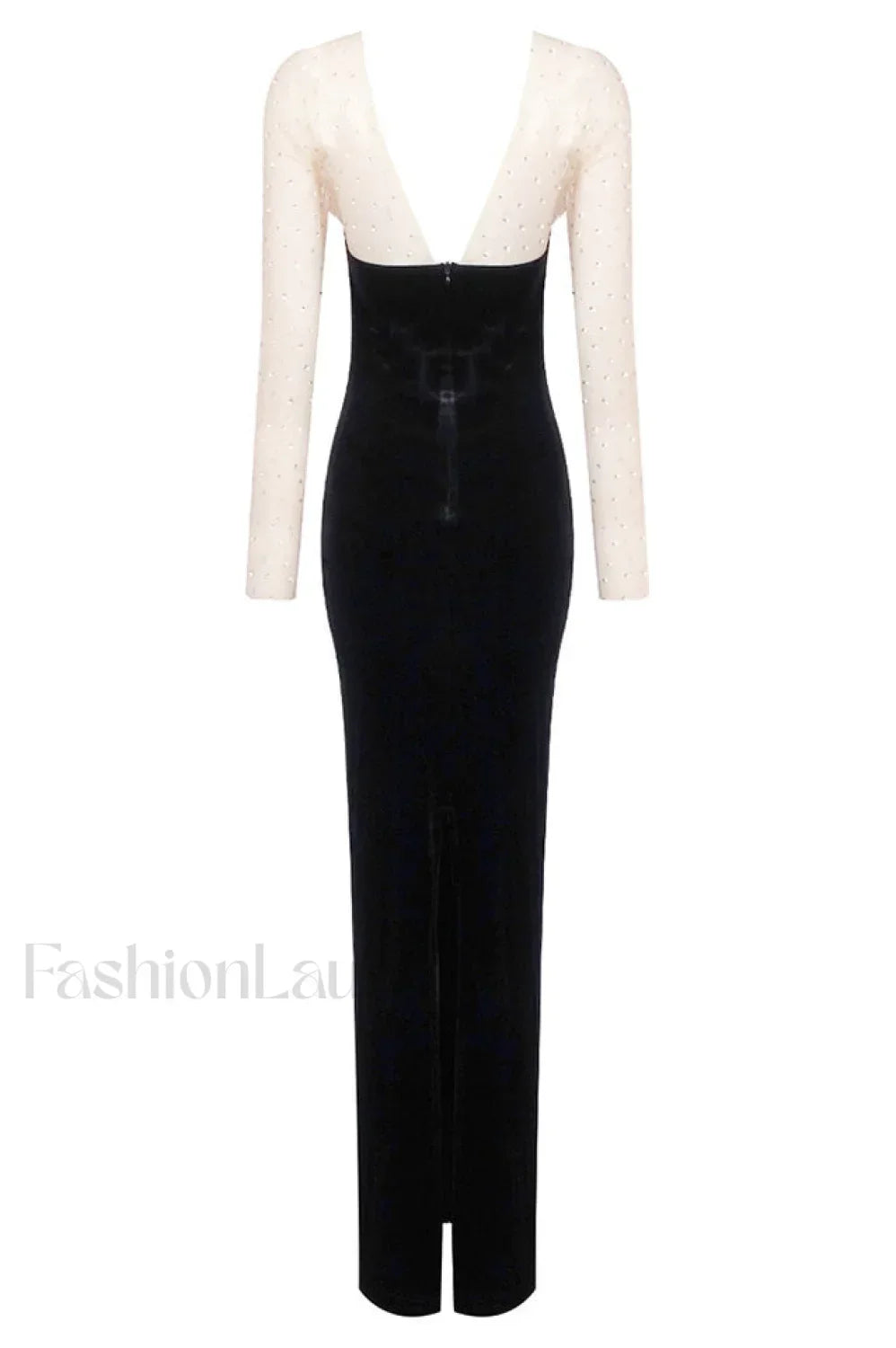 Crystal Mesh Long Charming Sleeve Velvet Dress