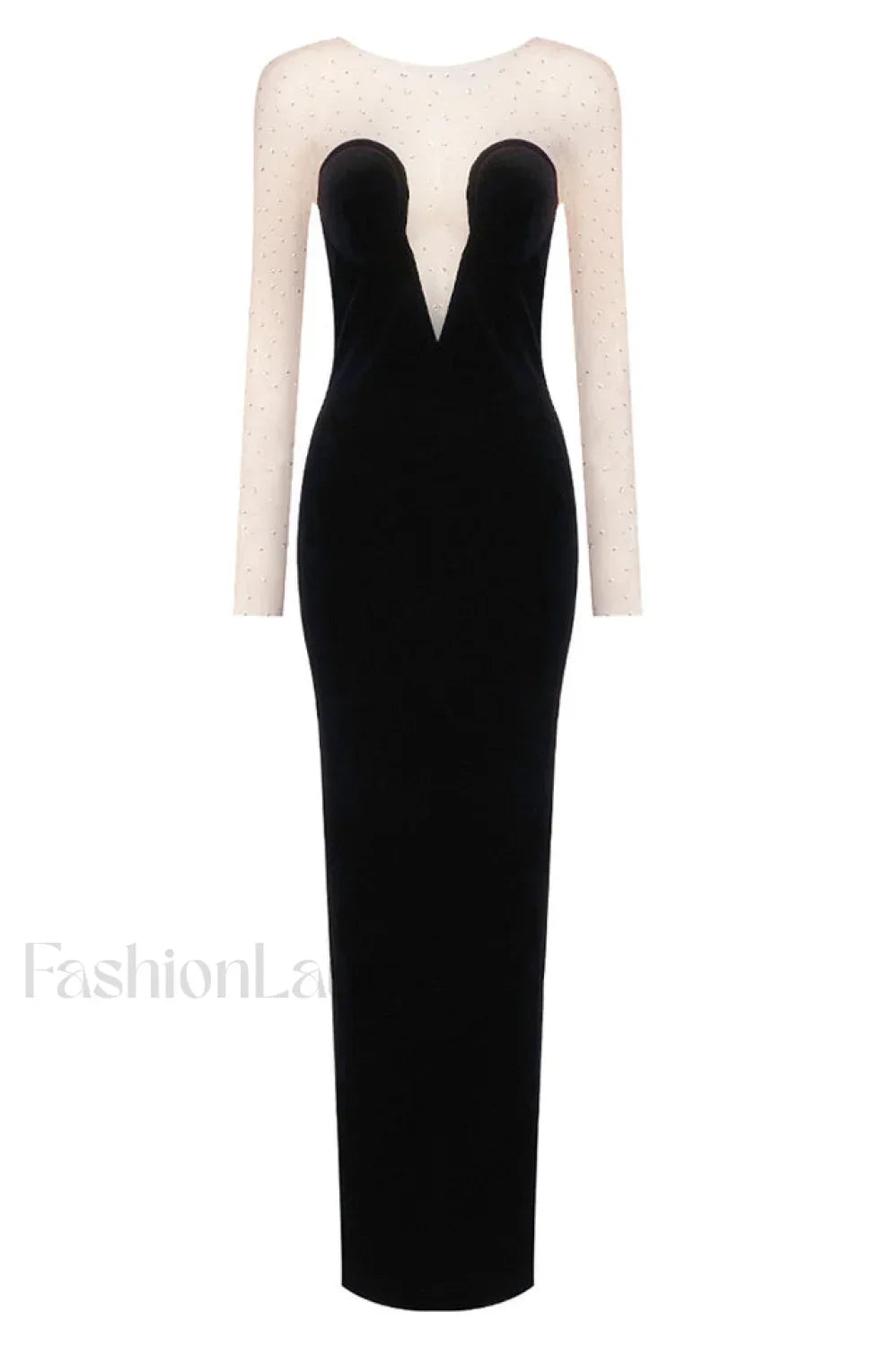 Crystal Mesh Long Charming Sleeve Velvet Dress XS / Black