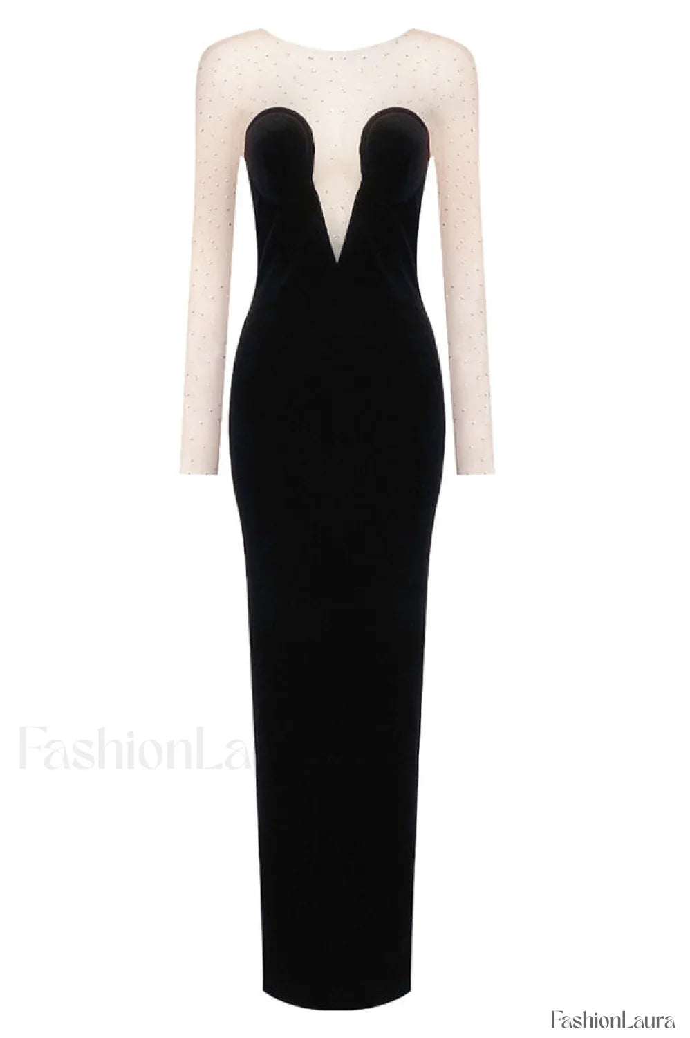 Crystal Mesh Long Charming Sleeve Velvet Dress