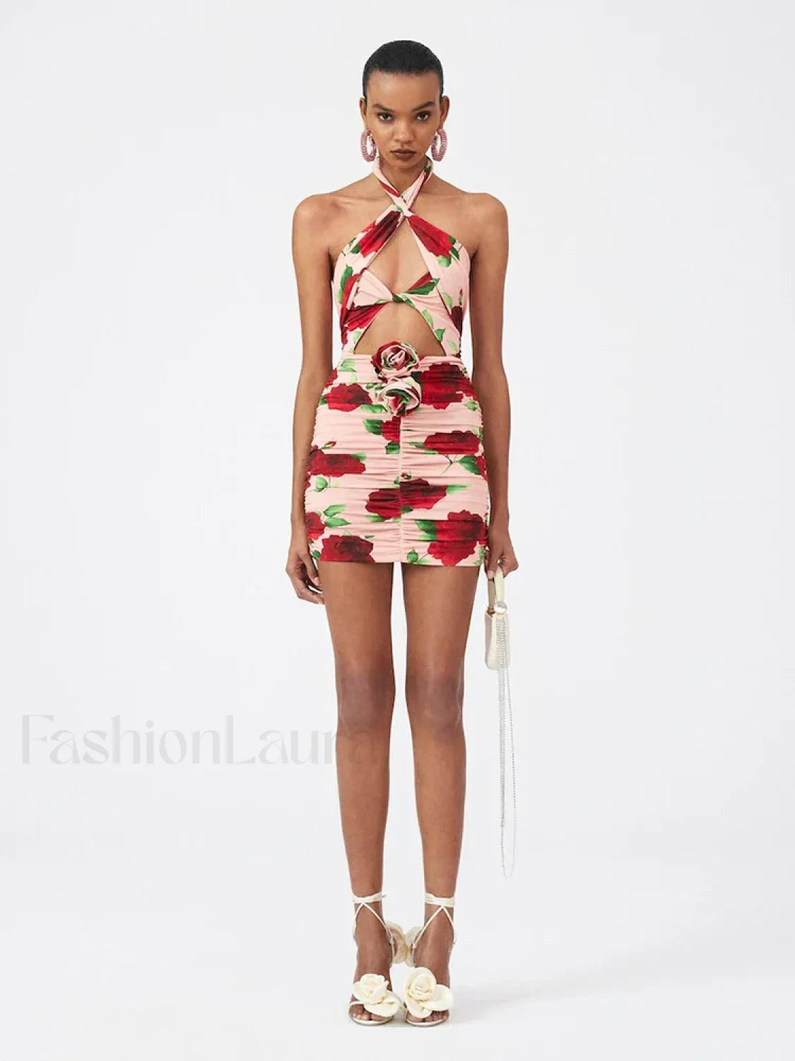 Cut-Out Ruched Rose Floral Dress