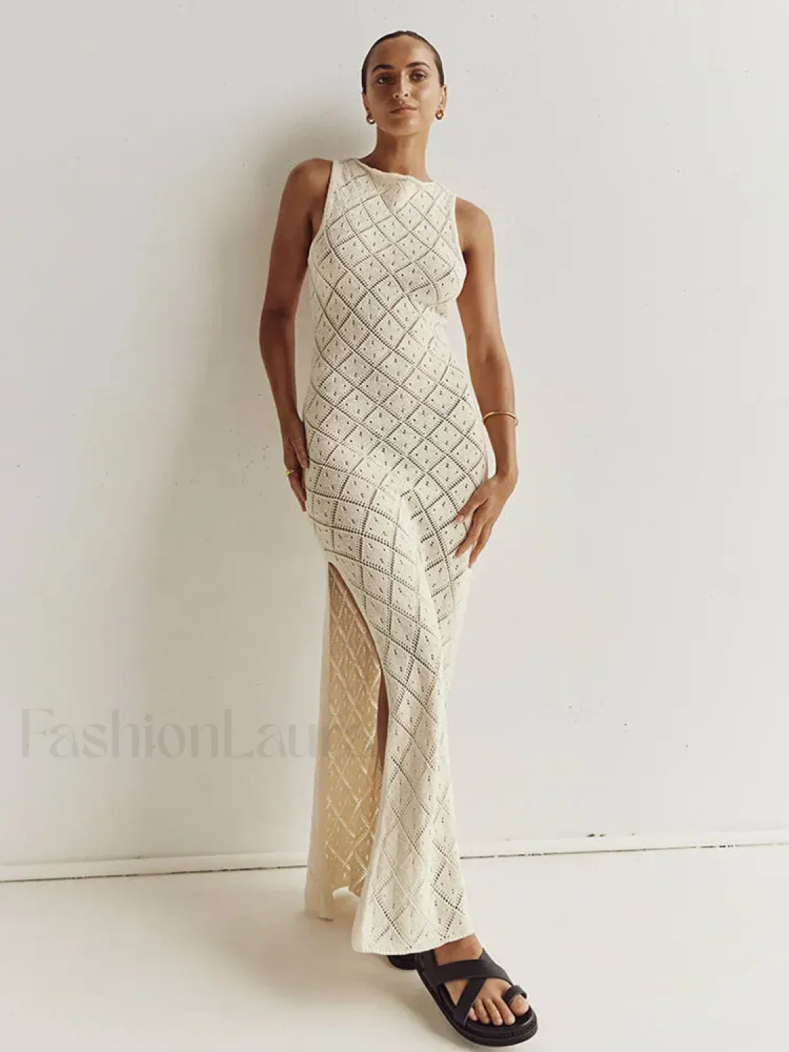 Cut Out Slit Knit Mesh Pareo Tunic Style Cover ups Apricot / One Size