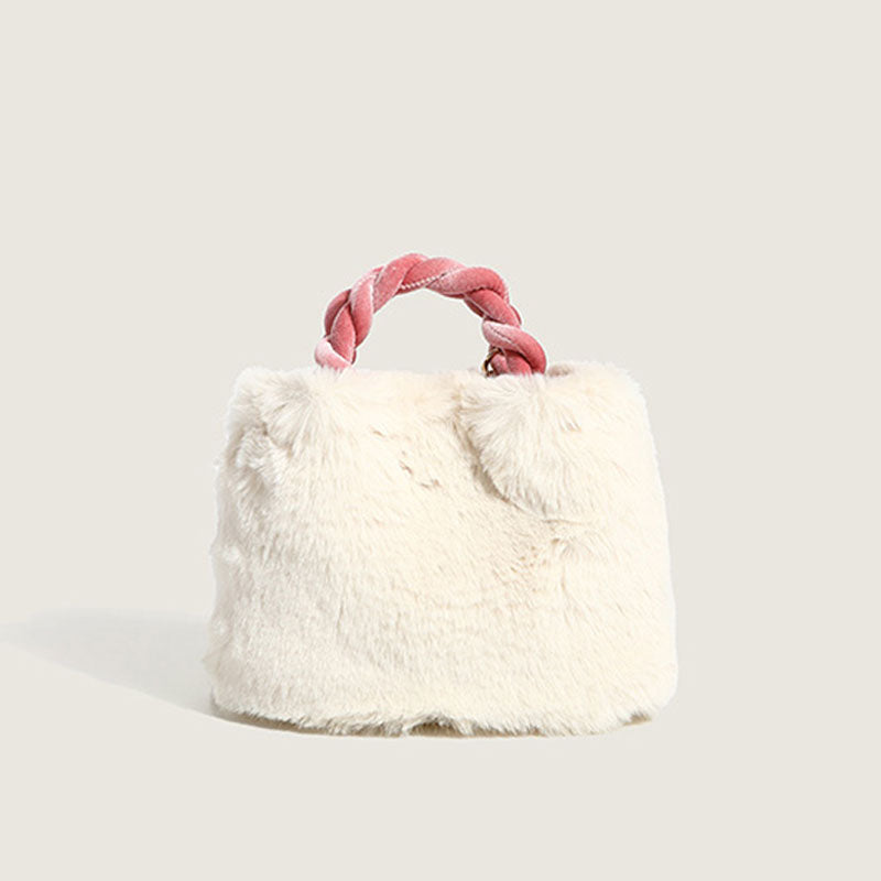 Cute Cherry Trim Twist Shoulder Strap Fluffy Tote Bag - White