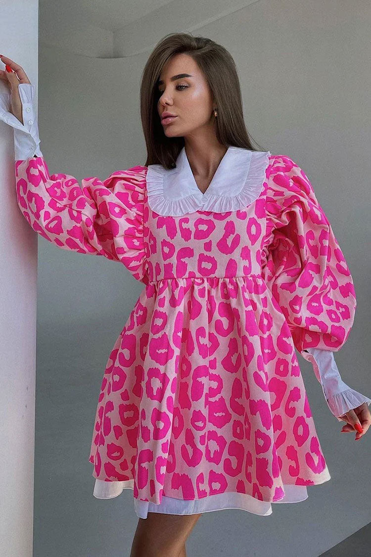 Cute Contrast Peter Pan Collar Balloon Sleeve Leopard Babydoll Mini Dress