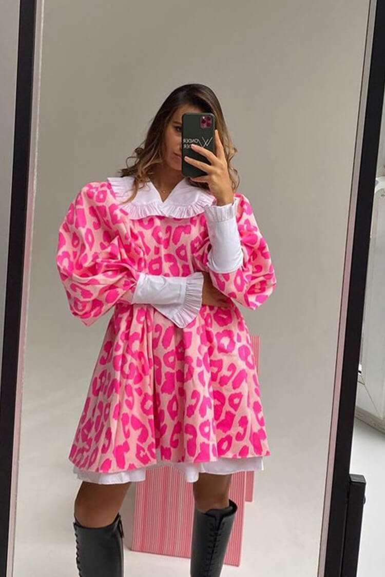 Cute Contrast Peter Pan Collar Balloon Sleeve Leopard Babydoll Mini Dress