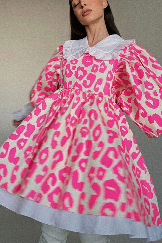 Cute Contrast Peter Pan Collar Balloon Sleeve Leopard Babydoll Mini Dress