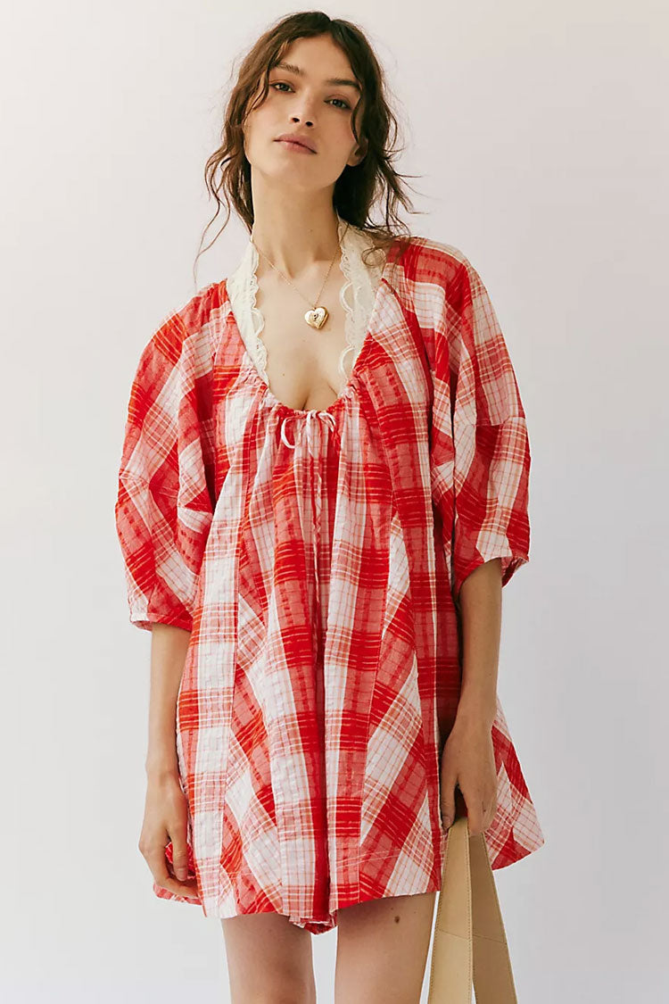 Cute Contrast Printed Bow Tie Neck Puff Sleeve Wide Leg Oversized Romper