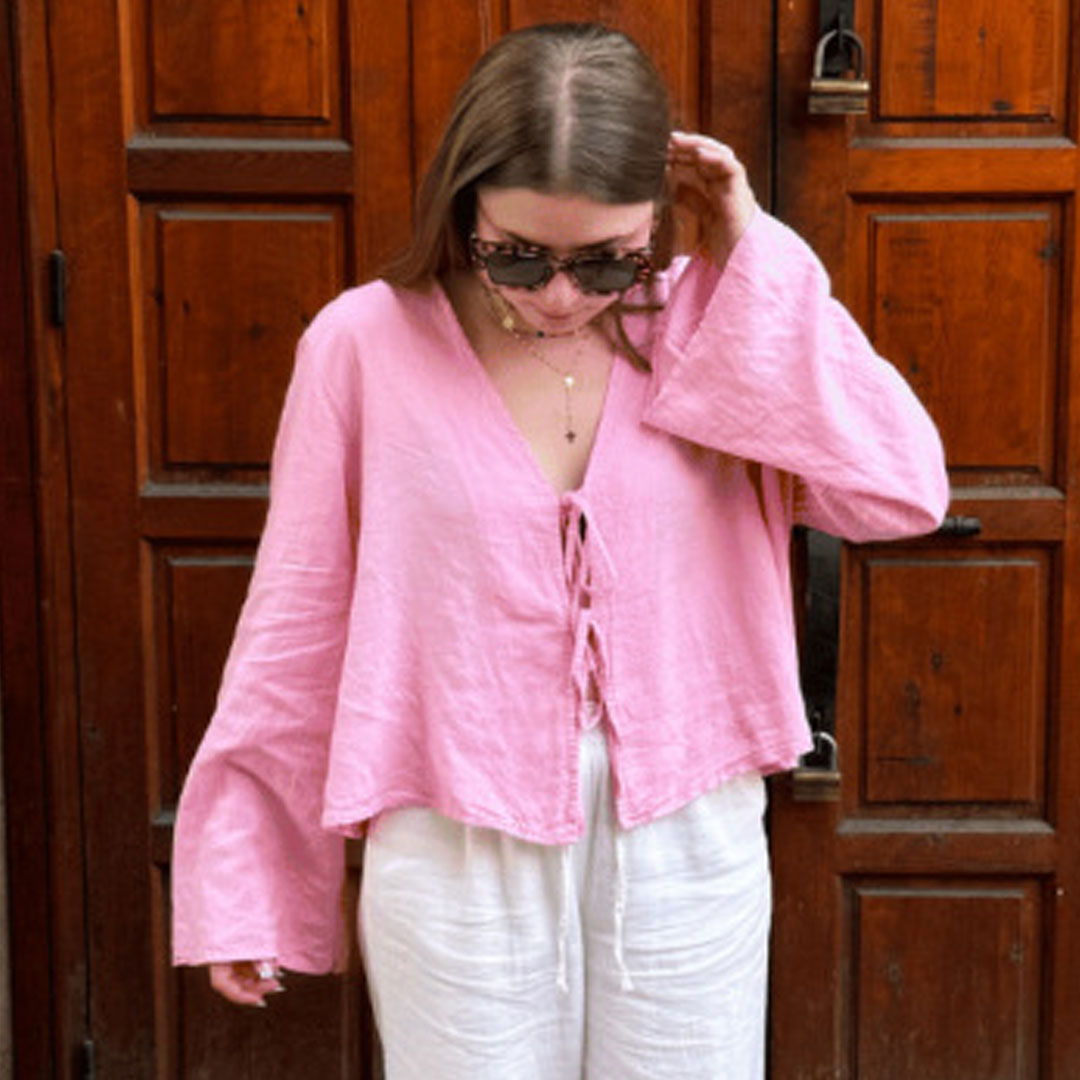 Cute Plunge Neck Bow Tie Drop Shoulder Long Sleeve Summer Blouse