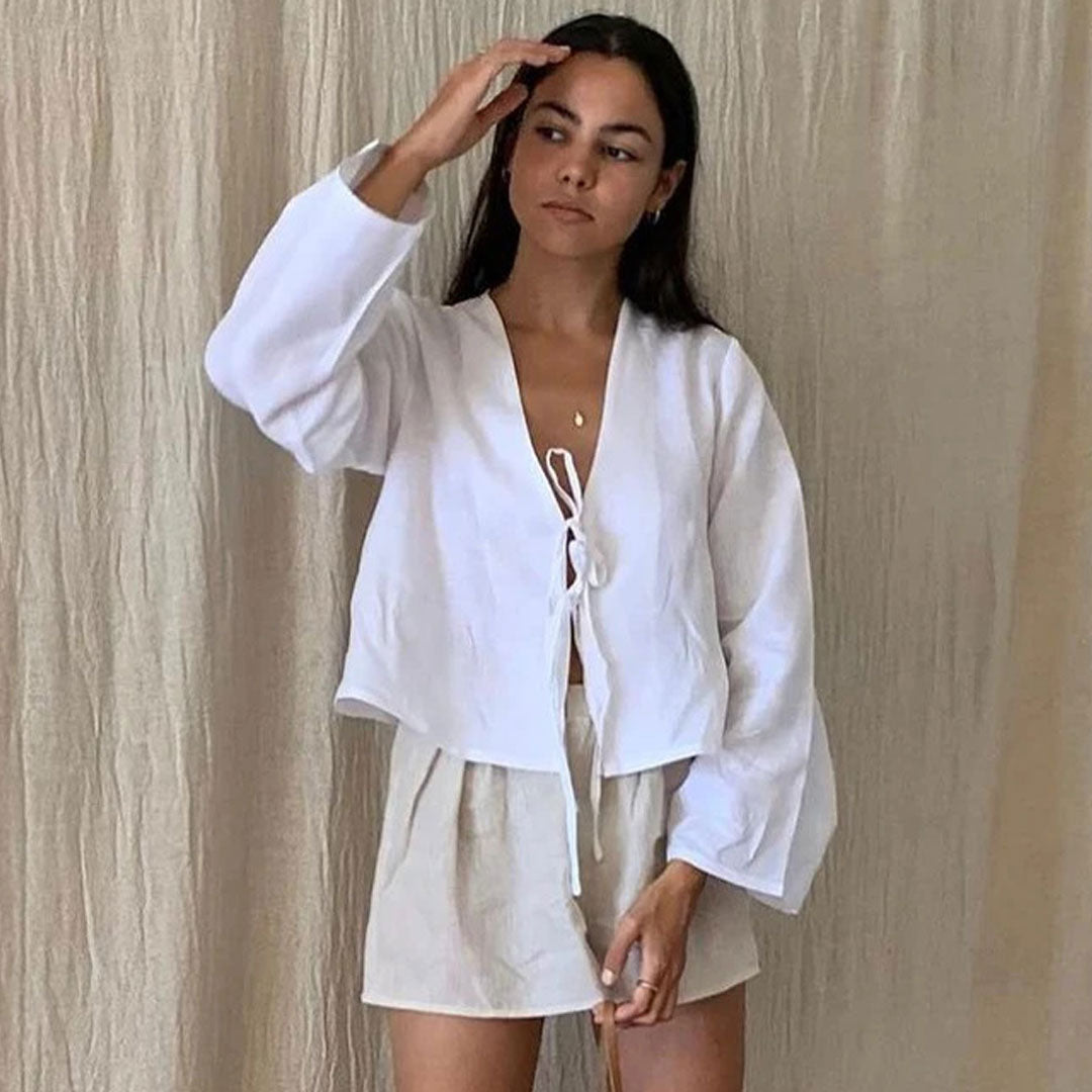 Cute Plunge Neck Bow Tie Drop Shoulder Long Sleeve Summer Blouse